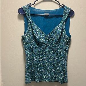 Ann Taylor 100% Silk Floral Blue and Green Sleeveless Top Sz 6
